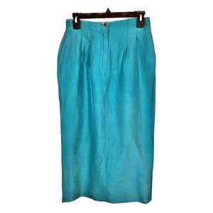 Vintage 1980s 80s Tribout Silk Skirt Turquoise Bright Blue Straight Midi Size 4